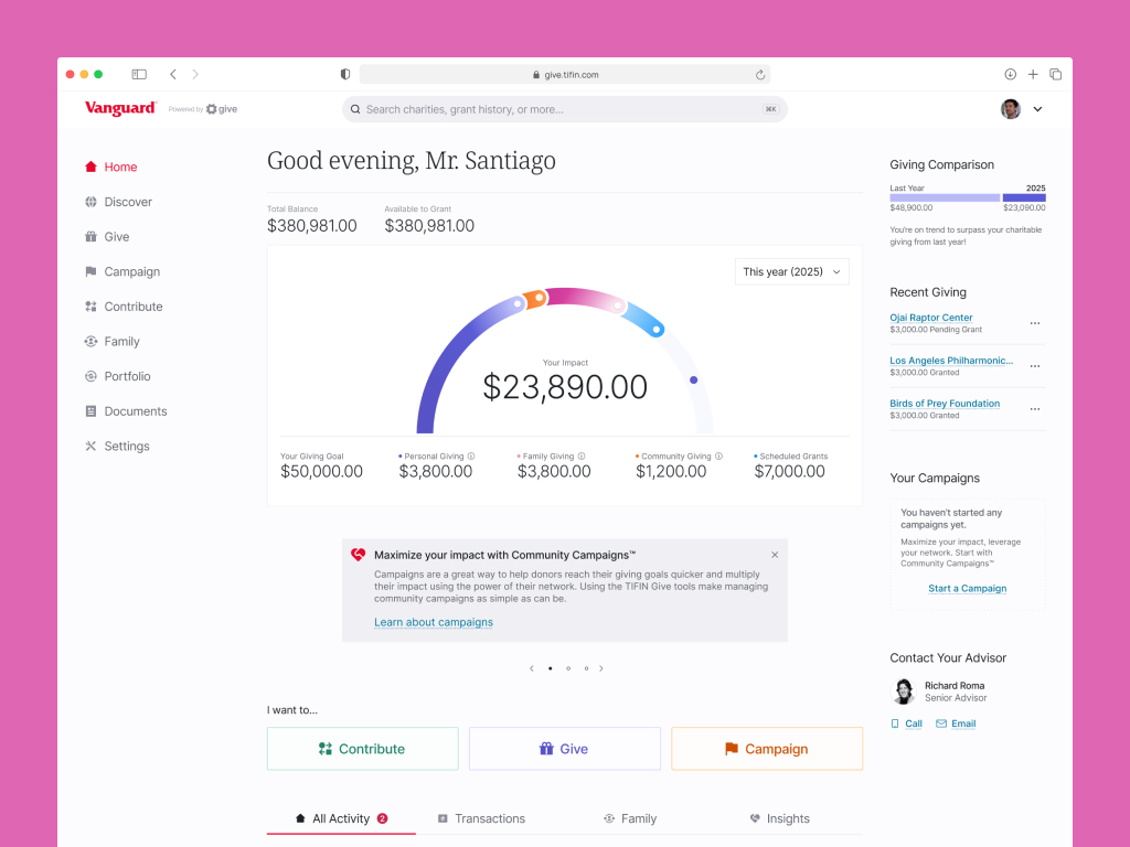 Donor-advised funding platform design system